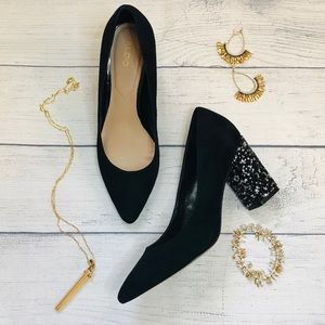 Aldo Suede Block Heels with Crystal Embellishment